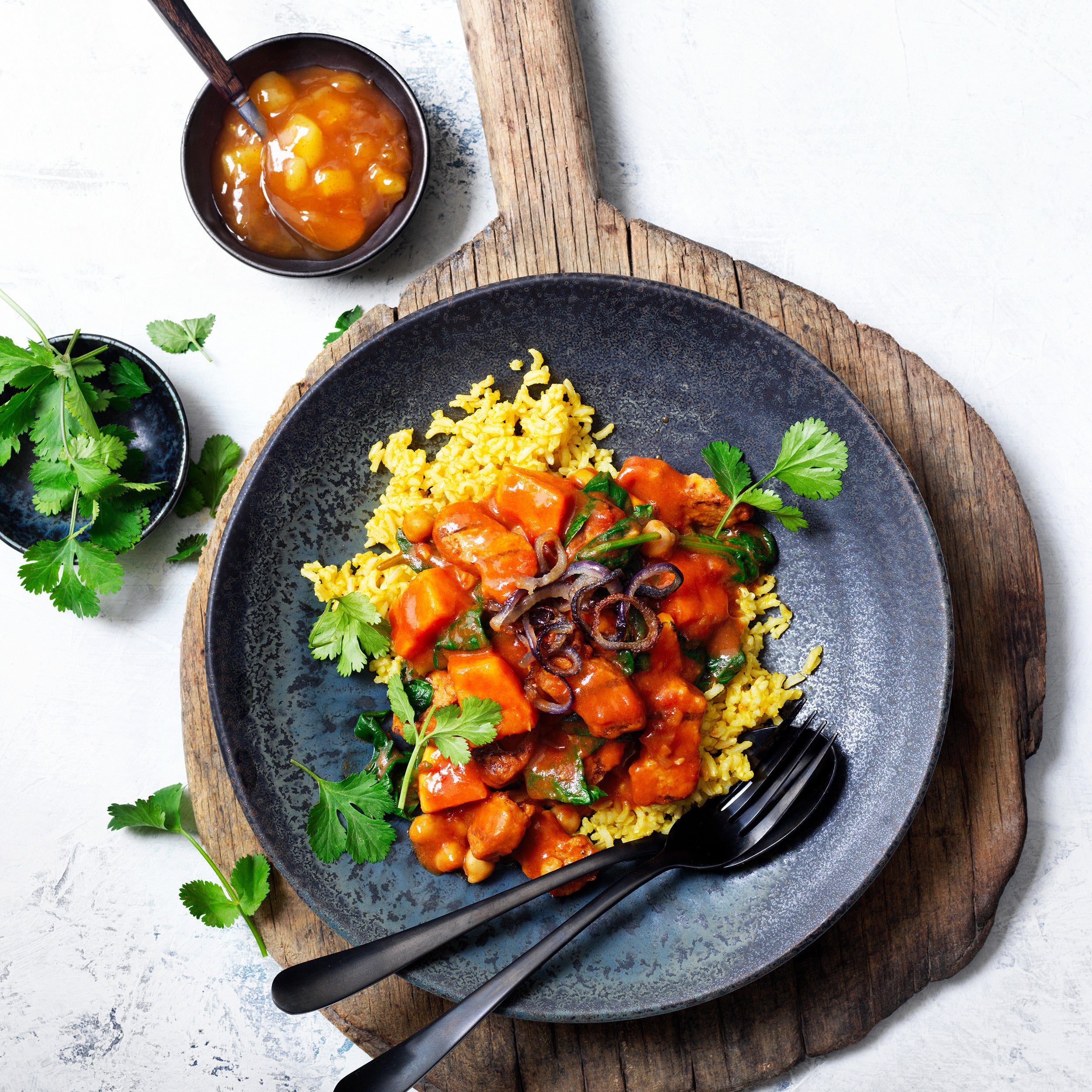 Curry with Chargrilled Pieces, Sweet Potato and Spinach