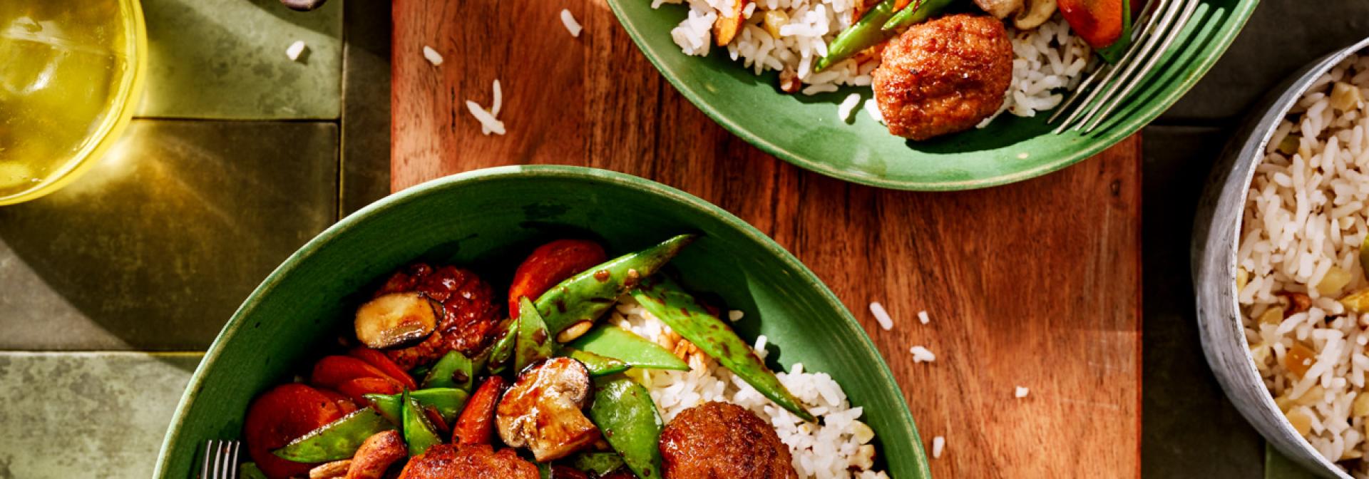 Quick Nut Rice Stir-Fry Bowl with Vegan Balls