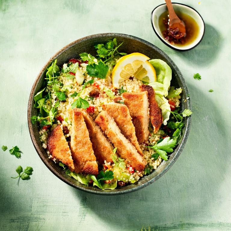 Couscous veggie and herb salad with Sensational Schnitzel