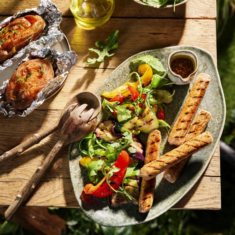 Chipolata, veggies, sweet potato